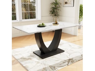 Table à manger 140x75x75,5cm, table rectangulaire, motif de marbre, pied réglable en métal, style design,mdf, blanc+noir