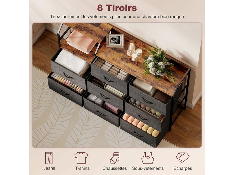  Commode, meuble de rangement avec station de recharge, 8 tiroirs en tissu, étagère ouverte, marron, 130,5x30x88cm  - Conforama E
