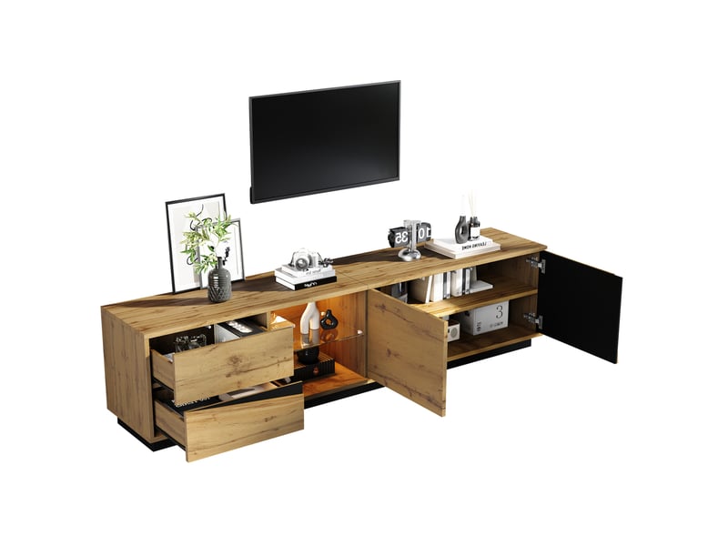  Meuble tv 180 cm en mdf bois clair et noir avec led, 2 tiroirs, 2 portes et passe-câbles pour le salon  - Conforama A