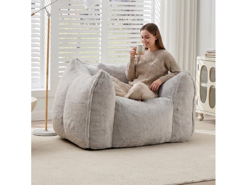  Grand sac de fèves avec coussin, fauteuil confortable large pour adultes et enfants, canapé de sol en fausse fourrure gris pour salon chambre appartement  - Conforama D