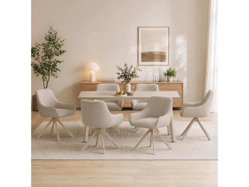  Ensemble table et 6 chaises - table rectangulaire 160x80 cm monobloc en travertin et pieds métal, 6 chaises en tissu beige et pieds en métal blanc  - Conforama A