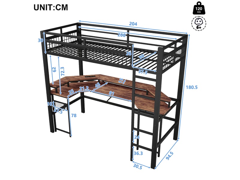  Lit mezzanine avec bureau 90x200 cm, led et 2 prises, lit surélevé avec ports usb et usb-c, panneau perforé, métal et mdf, noir  - Conforama D
