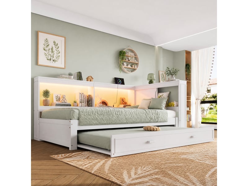Lit gigogne 90x200 cm avec éclairage led et ports de charge en pin blanc - Conforama D