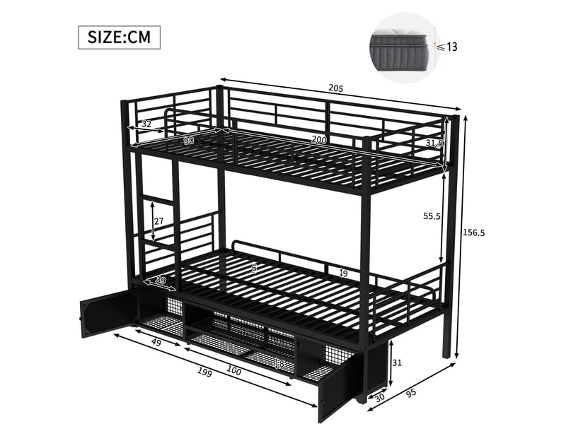Lit superposé en métal noir 90x200 cm avec rangement et échelle - Conforama E