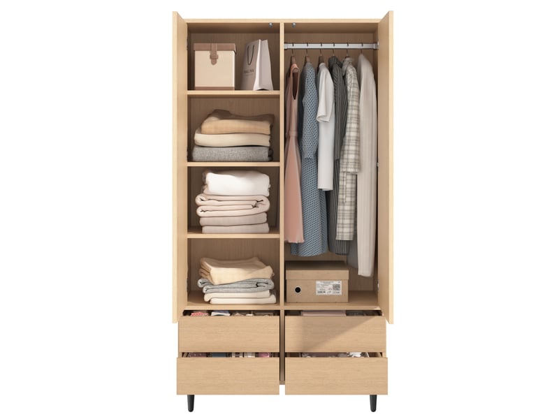  Armoire 2 portes avec miroir, 4 tiroirs et penderie en mdf bois clair, 90 x 45 x 200 cm pour votre chambre  - Conforama A