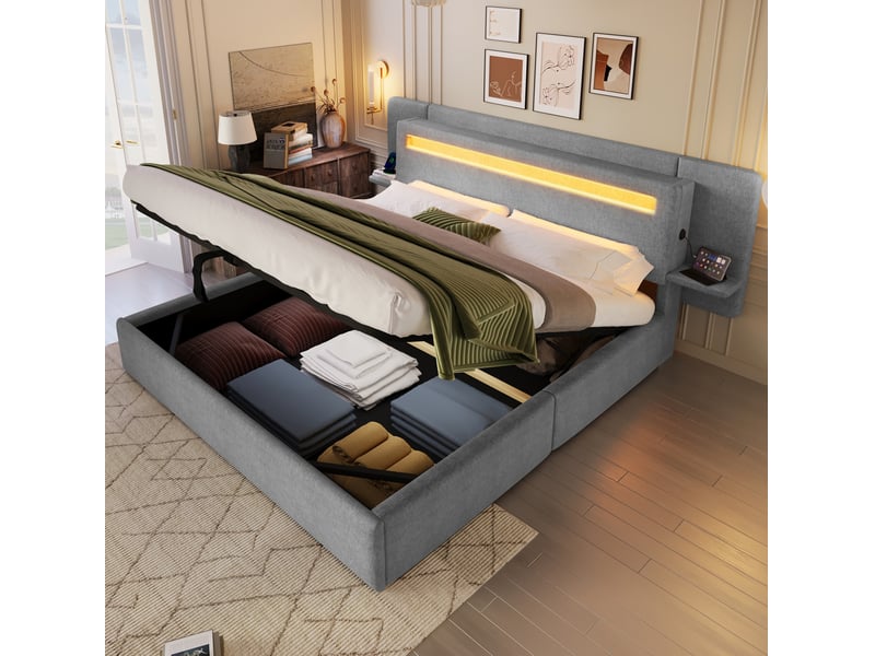  Lit 2 places 180x200 cm avec rangement hydraulique, éclairage led, usb, structure en mdf, coloris gris, sans matelas  - Conforama E