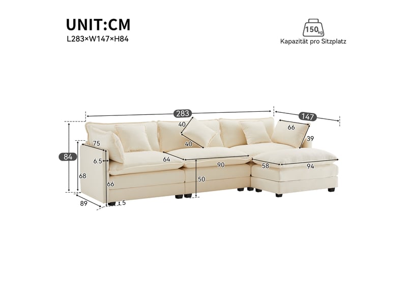 Canapé d’angle modulable en l 3 places avec méridienne, tissu chenille, assise double couche, coussins, pour salon - beige  - Conforama D