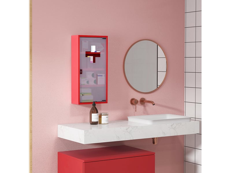 Armoire à pharmacie 30x12x60 cm – rouge – acier avec serrure et porte tip-on sécurisée en verre satiné - Conforama B