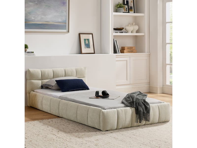Lit une place enfant 90 x 200 cm, motif matelassé carré, structure en bois d’eucalyptus et fer, montage facile, chenille, beige Bliss Lite - Conforama B