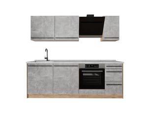 Vicco cuisine, bétonchêne doré, 220cm plan de travail marbre