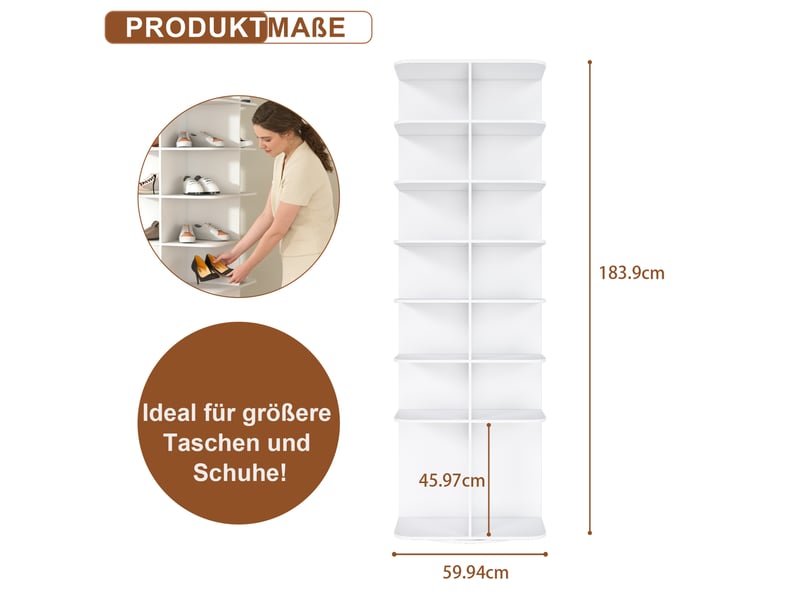  Étagère à chaussures tcqpz rotative 7 niveaux 360° 60 x 60 x 184 cm pvc blanc rangement jusqu’à 28 paires  - Conforama C