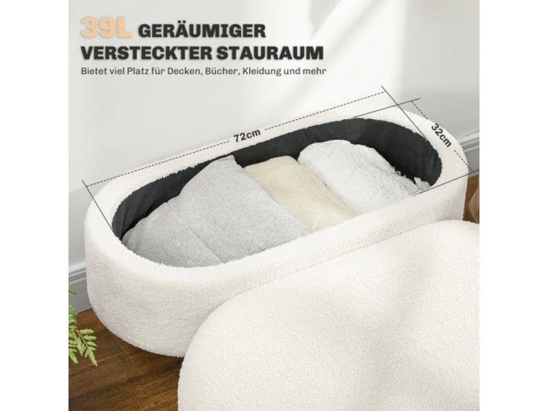  Banc de rangement blanc avec couvercle, repose-pieds en bois avec revêtement en tissu, pour entrée et salon  - Conforama D