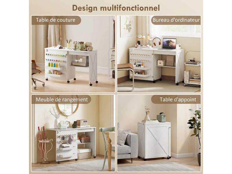  Table de couture pliante, meuble couture roulant, porte magnétique de grange, 2 bacs, étagère, 18 chevilles, blanc  - Conforama R