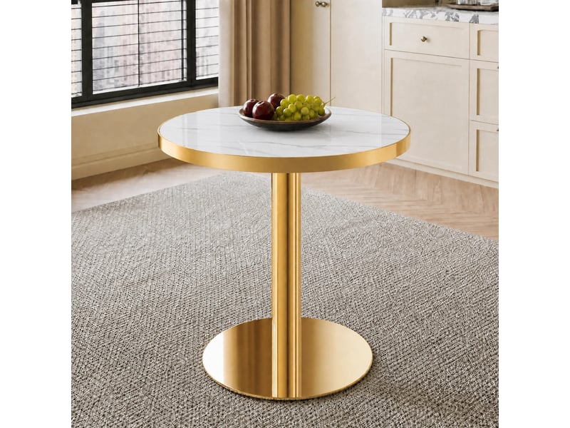  Table basse ronde moderne, avec plateau effet marbre et base cylindrique, mdf, blanc et doré, 73.5×71.0×24.5 cm  - Conforama D