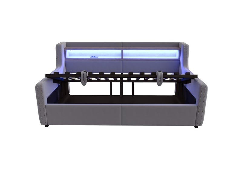  Canapé-lit 90x200 gris foncé, rangement hydraulique, led, prise, usb, dossier épais  - Conforama E