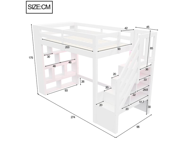  Lit mezzanine 90x200 cm coloris blanc en mdf rangement led  - Conforama C
