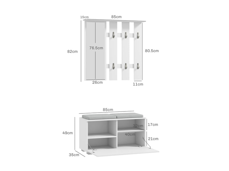  Ensemble de meubles d'entrée avec porte-manteau, miroir, banc avec coussins et étagère à chaussures pour 8 paires de chaussures, blanc  - Conforama E