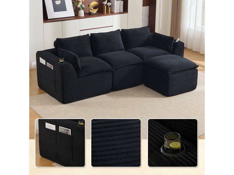  Canapé modulable 3 places en velours côtelé noir avec pouf et coussins inclus pour salon et séjour  - Conforama B