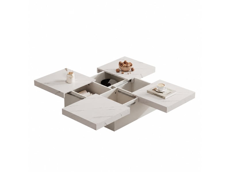  Table basse carrée blanche 90 x 90 x 25 cm, effet marbre, plateau coulissant, 4 tiroirs  - Conforama A