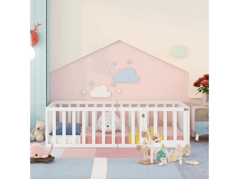  Lit enfant 90x200 cm avec barrière et porte en bois blanc sans matelas  - Conforama C