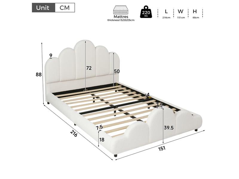  Lit enfant rembourré 140 × 200 cm 2 places avec tête de lit capitonnée, sans matelas, en bouclette beige  - Conforama D