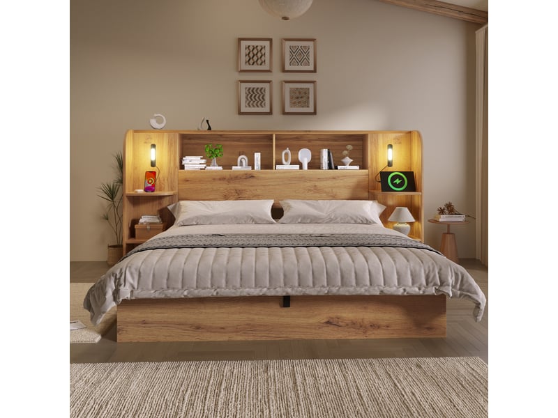  Lit coffre 180x200 cm avec rangement hydraulique, lit double avec étagères de tête de lit, lampes tactiles, usb-ausb-c et sommier, effet chêne Seren Glow - Conforama D