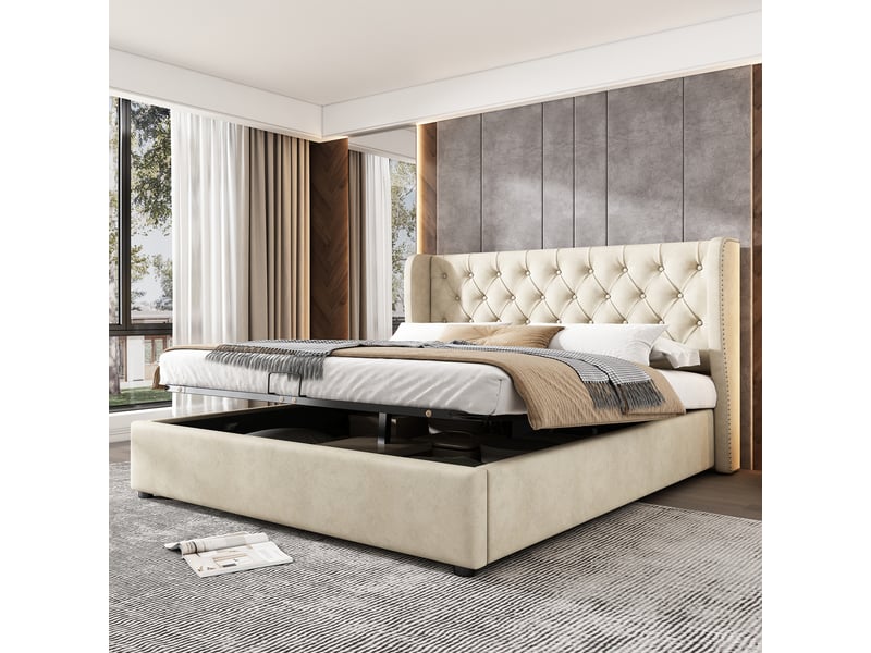 Lit rembourré lit coffre 180x200 cm en forme d'oreille, lit double avec sommier a lattes et espace de rangement, beige, velours - Conforama R