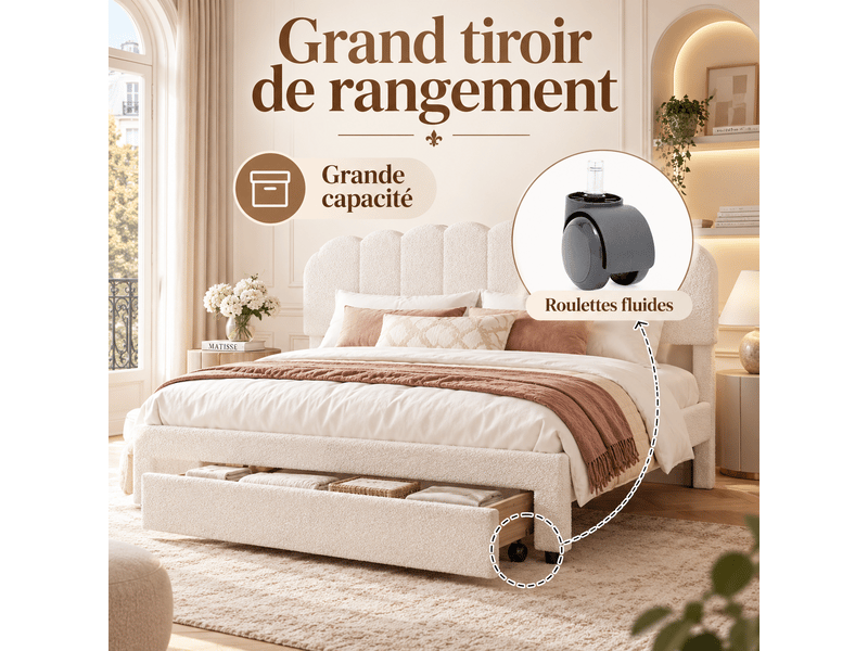 Lit 160x200cm avec grand tiroirs tête de lit rembourré double lit 2 personnes lit adulte lit capitonné lit coffre lit fonctionnel cadre de lit avec chargement usb type-c - tissu sherpa - beige - velours teddy - chambre ado- somm… - Conforama C