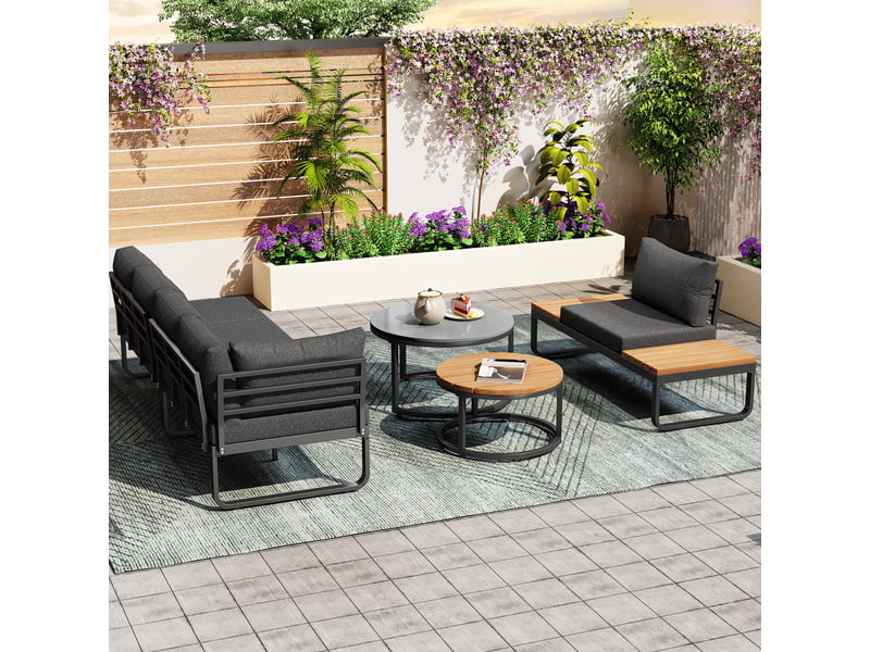  Set de jardin en fer 5 pl, coussins gris, canapés, table d'appoint, tables basses rondes  - Conforama B