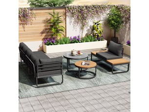 Set de jardin en fer 5 pl, coussins gris, canapés, table d'appoint, tables basses rondes