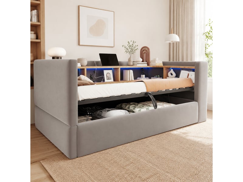  Lit coffre 90x190 cm à ouverture hydraulique avec led et prises en flanelle gris foncé  - Conforama C