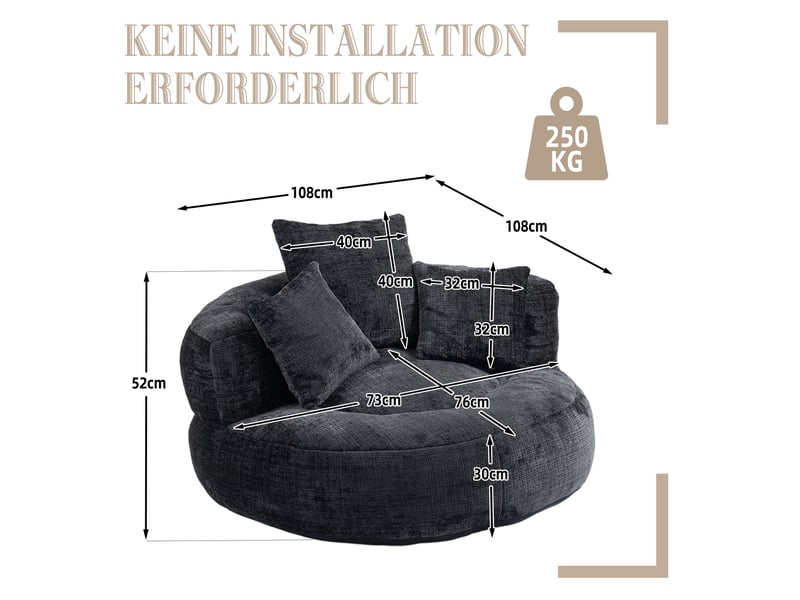 Fauteuil inclinable - à dossier haut - avec 3 coussins - résistant et confortable - chenielle - noir  - Conforama E
