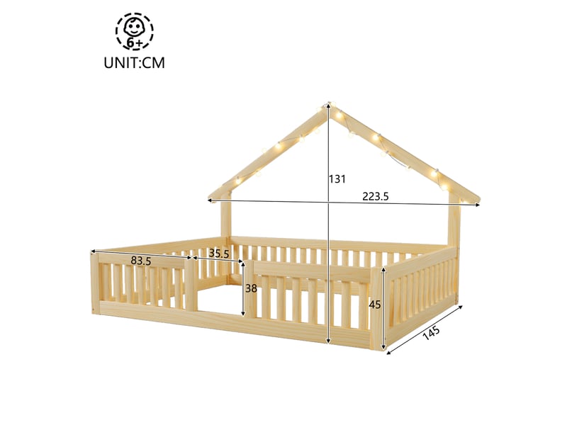  Lit maison 140x200 cm avec barrières de sécurité, lit au sol, guirlande led, bois naturel, sans matelas  - Conforama C