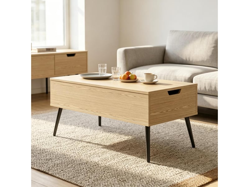  Table basse relevable avec 2 compartiments dissimulés et poignées encastrées, en métal et panneau de particules, noir  - Conforama C