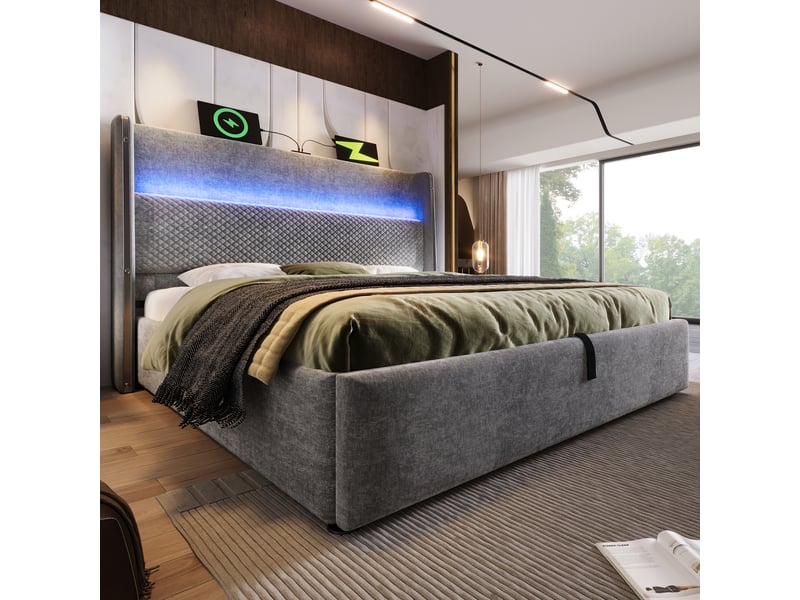  Lit hydraulique avec haut tête en lin gris 180x200 cm  - Conforama D