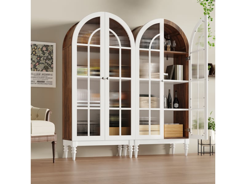 Buffet de cuisine haut 165x76x38,5 cm avec portes en verre ondulé et structure mdf blanc - Conforama B