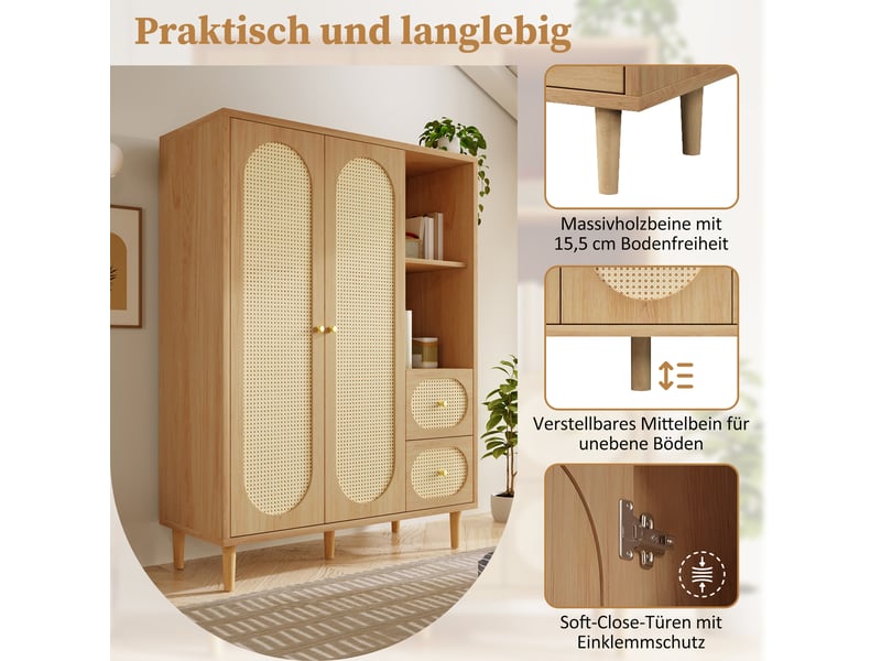 Armoire chambre 120x48x161 cm - penderie 2 portes, 2 tiroirs, étagères ouvertes, cannage rotin, effet chêne - Conforama R