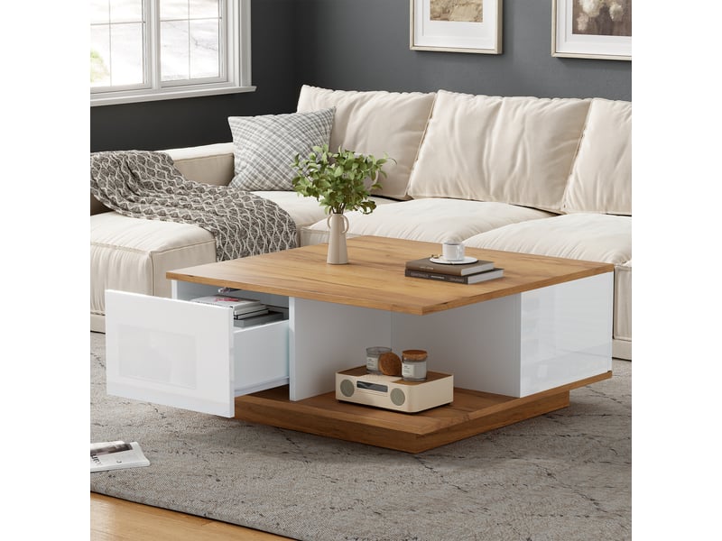  Table basse carrée 70x70 cm, table de salon avec 3 tiroirs et rangement semi-ouvert, design moderne en bois et blanc.  - Conforama E