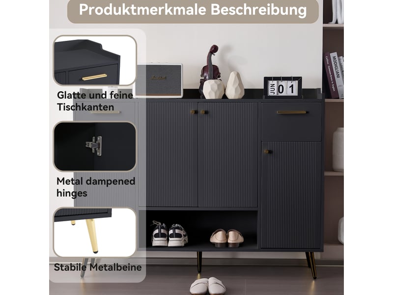  Meuble à chaussures noir – 2 tiroirs, 4 portes et niche – 130 x 37 x 100 cm  - Conforama E