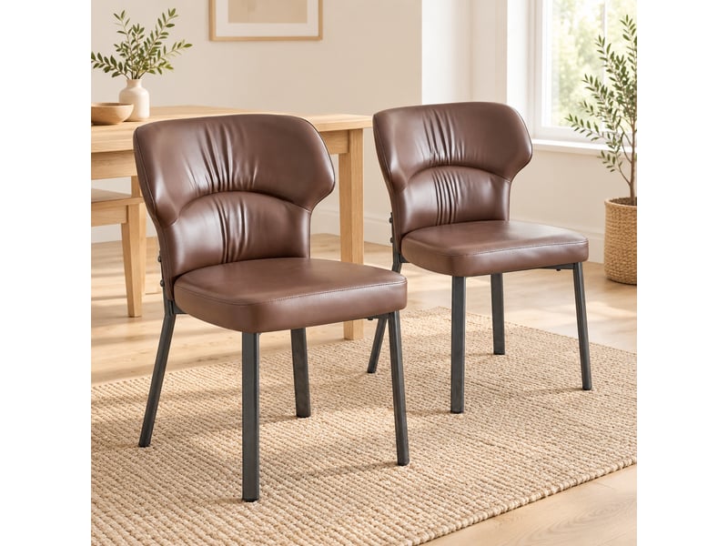  Lot de 2 chaises de salle à manger à dossier rembourré  - pieds en métal, simili cuir marron  - Conforama C