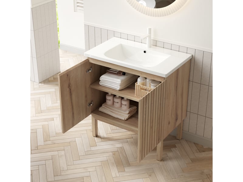  Meuble sous vasque 80 cm à doubles portes et étagère réglable - lpospi - pieds en bois, céramique blanc chêne blanc  - Conforama B