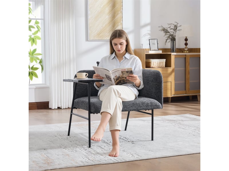  Fauteuil de salon moderne avec table d'appoint - 86x72x71cm - design avec poches de rangement et cadre métal - gris foncé  - Conforama D