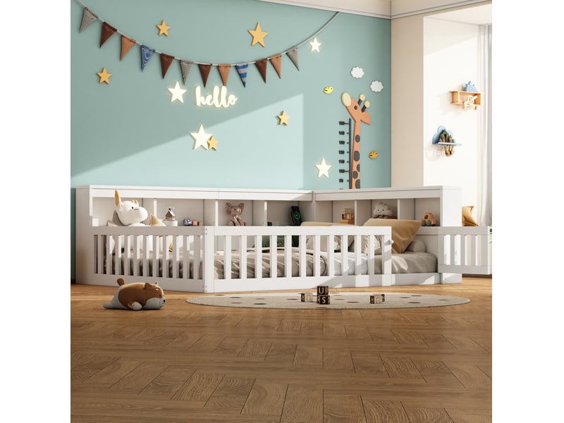  Lit banquette enfant 140 x 190 cm avec sommier, rangement, usb et prises, blanc  - Conforama D