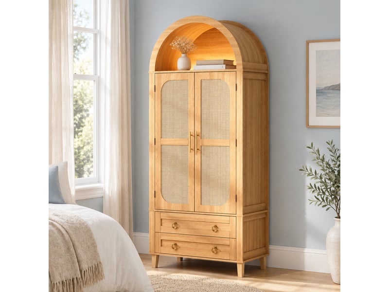Buffet haut tcqpz 76 x 40 x 179,5 cm led réglable par application 2 portes 2 tiroirs mdf panneaux de particules naturel - Conforama D