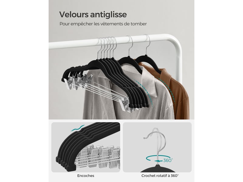  Lot de 12 cintres en velours porte-pantalons longueur 425 cm pinces amovibles antiglisse gain de place modèle adulte pour costumes manteaux haut à bretelles noir 12_0006176  - Conforama D