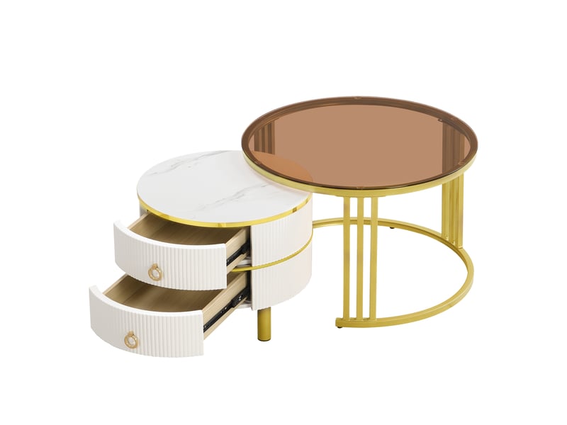  Table basse ronde 2 en 1 en mdf, table d'appoint avec un plateau blanc et un plateau en verre trempé brun, table basse combinée avec 2 tiroirs pour le salon, 70 x 70 x 45 + 50 x 50 x 40 cm  - Conforama D