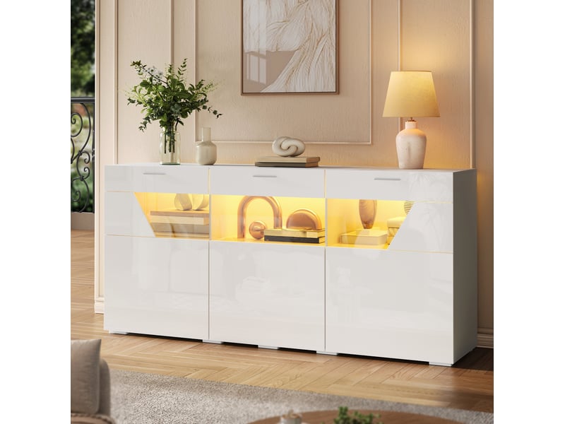  Buffet 3 portes avec led et 6 compartiments, 160x38x78 cm blanc  - Conforama W