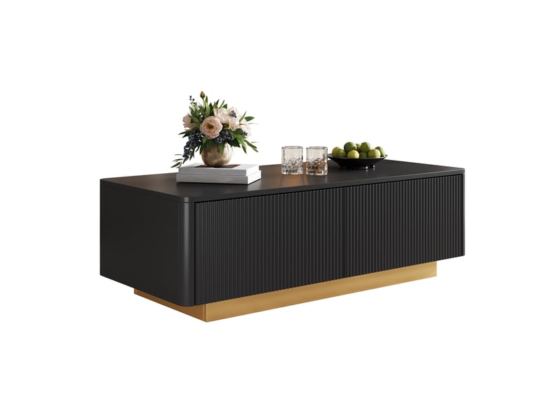  Table basse avec 2 tiroirs et niches ouvertes, façade rainurée, pour salon, en mdf, noire, 110 × 50 × 35 cm  - Conforama A