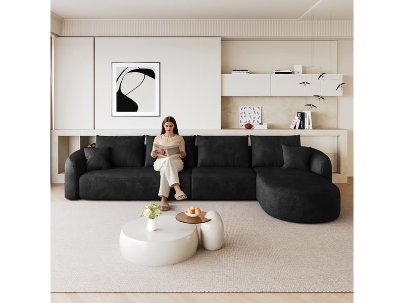  Canapé d'angle modulable 5 places sans montage 336 x 168 x 85 cm tissu chenille noire  - Conforama D