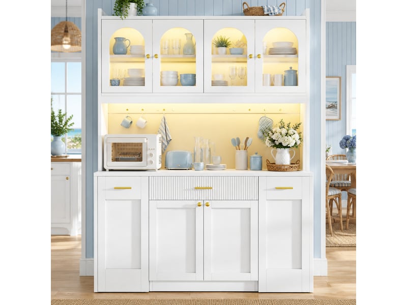 Colonne de cuisine avec vitrines en verre, led rgb et tablettes coulissantes, pour cuisine, mdf blanc, 120 × 40 × 187 cm - Conforama B